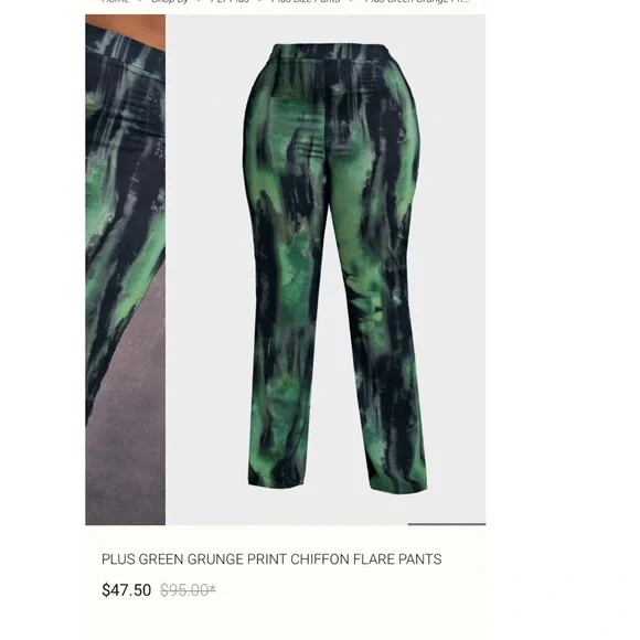 NWT PRETTY LITTLE THING Plus Green Grunge Print Chiffon Flare Pants SIZE 16 - Picture 7 of 8